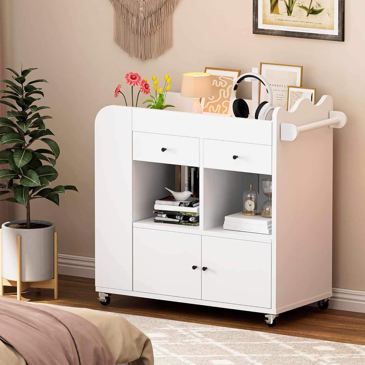 Baby Changing Table Top, 3 Drawers Nursery with 4 Open Cubbies, Rolling Chest with Wheels, 43" W X 19.5" D X 40" H