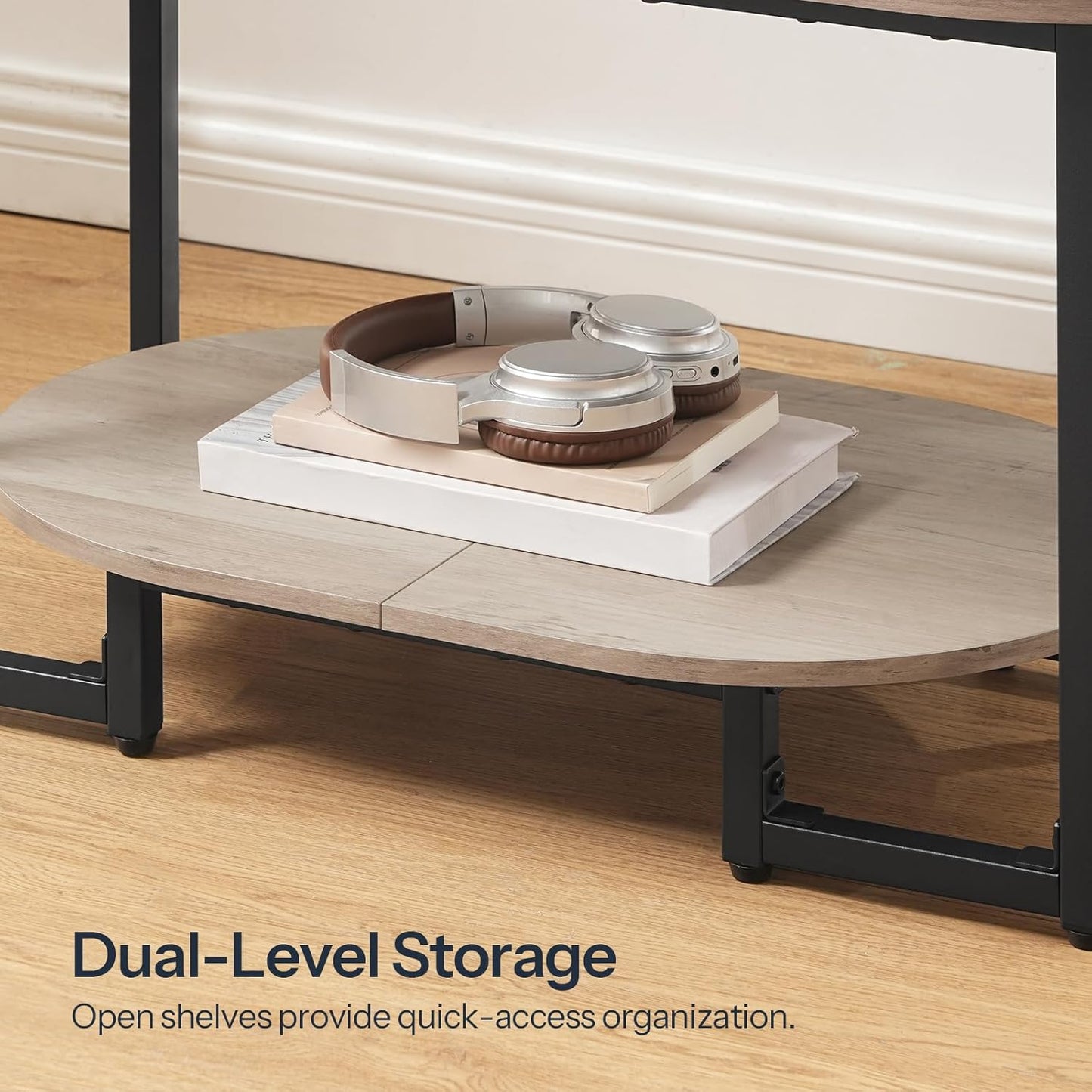 Coffee Table for Living Room, Oval Small Coffee Table with 2-Tier Open Storage Shelf, Industrial Cocktail Tea Table, Wooden Desktop Center Table, Farmhouse, Home Office, Greige BG09KF01