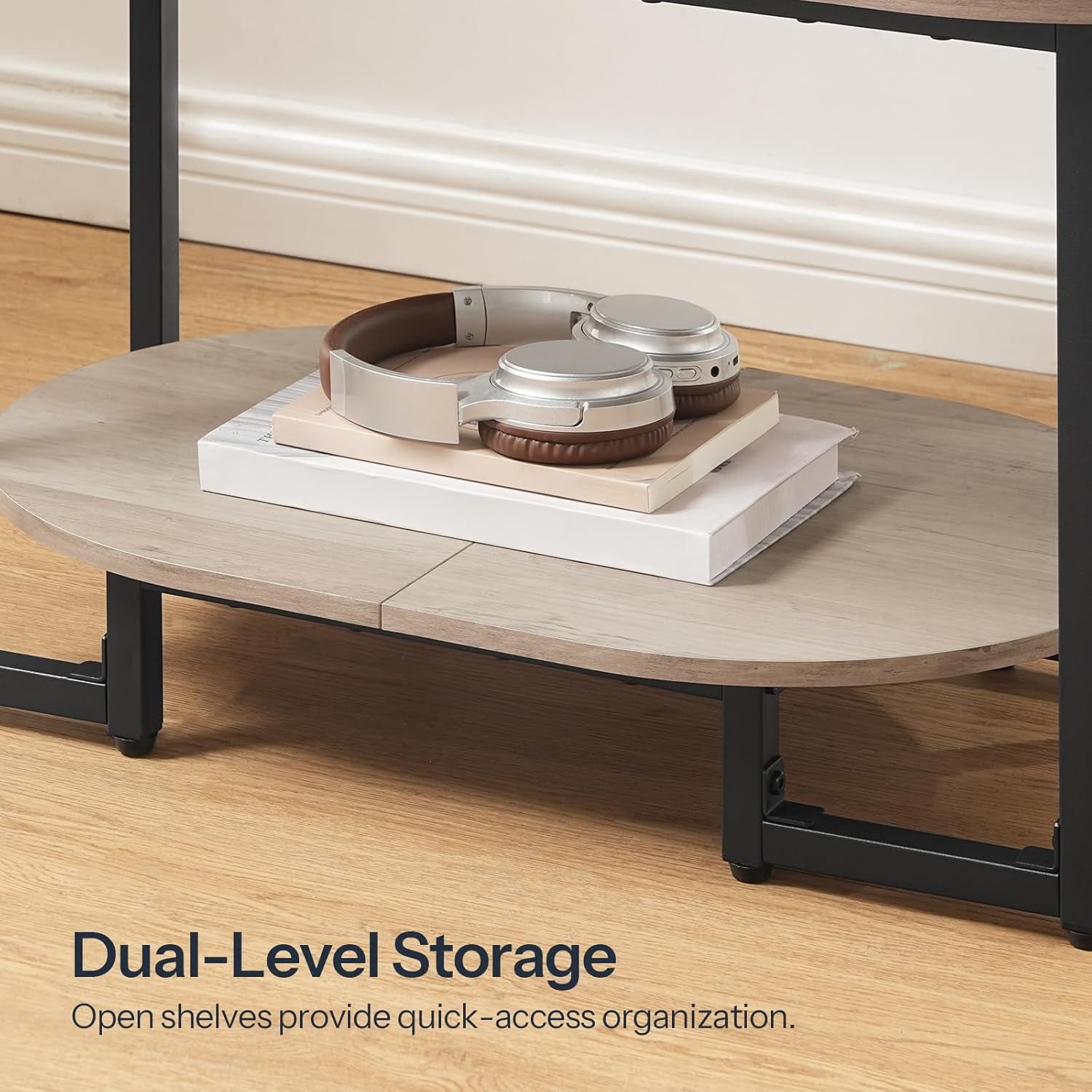 Coffee Table for Living Room, Oval Small Coffee Table with 2-Tier Open Storage Shelf, Industrial Cocktail Tea Table, Wooden Desktop Center Table, Farmhouse, Home Office, Greige BG09KF01