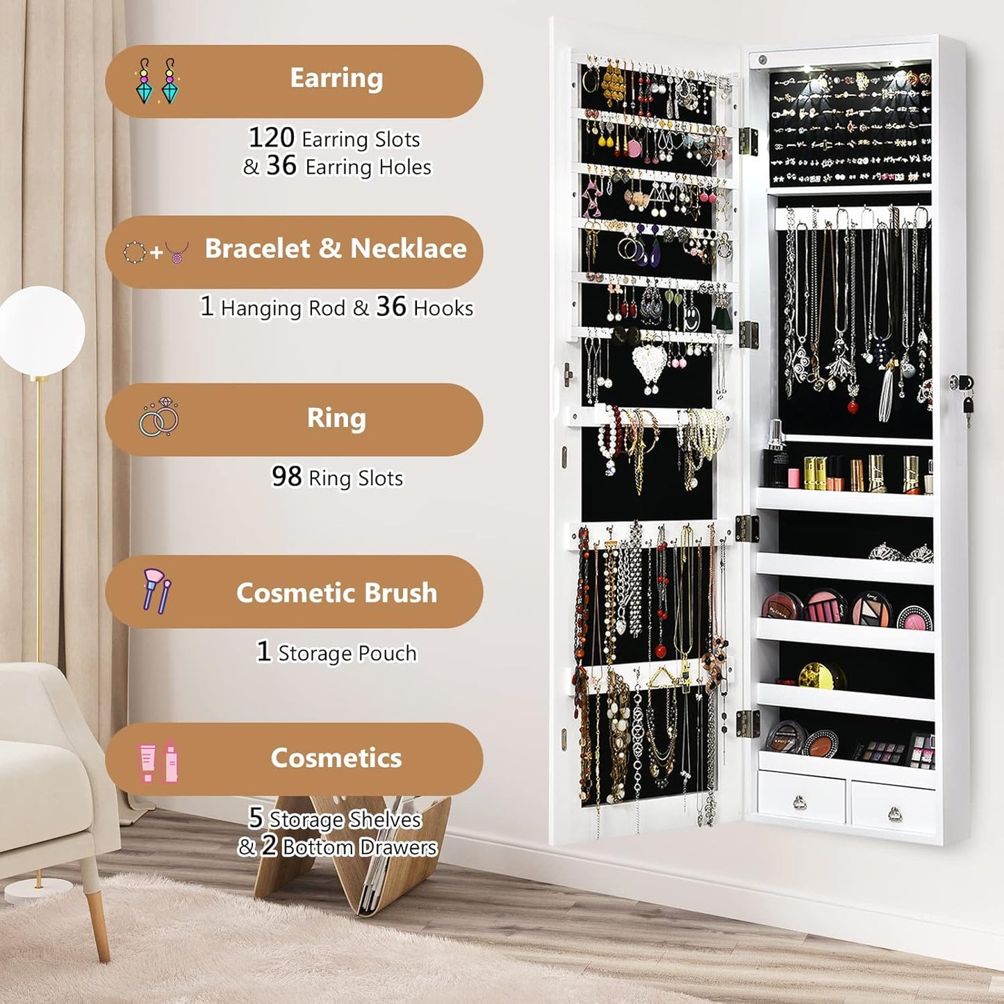 Wall Mounted Jewelry Armoire with Full Length Mirror & 2 LED Lights, Large Storage Capacity, Lockable Mirror Jewelry Cabinet for Women Girls (White)