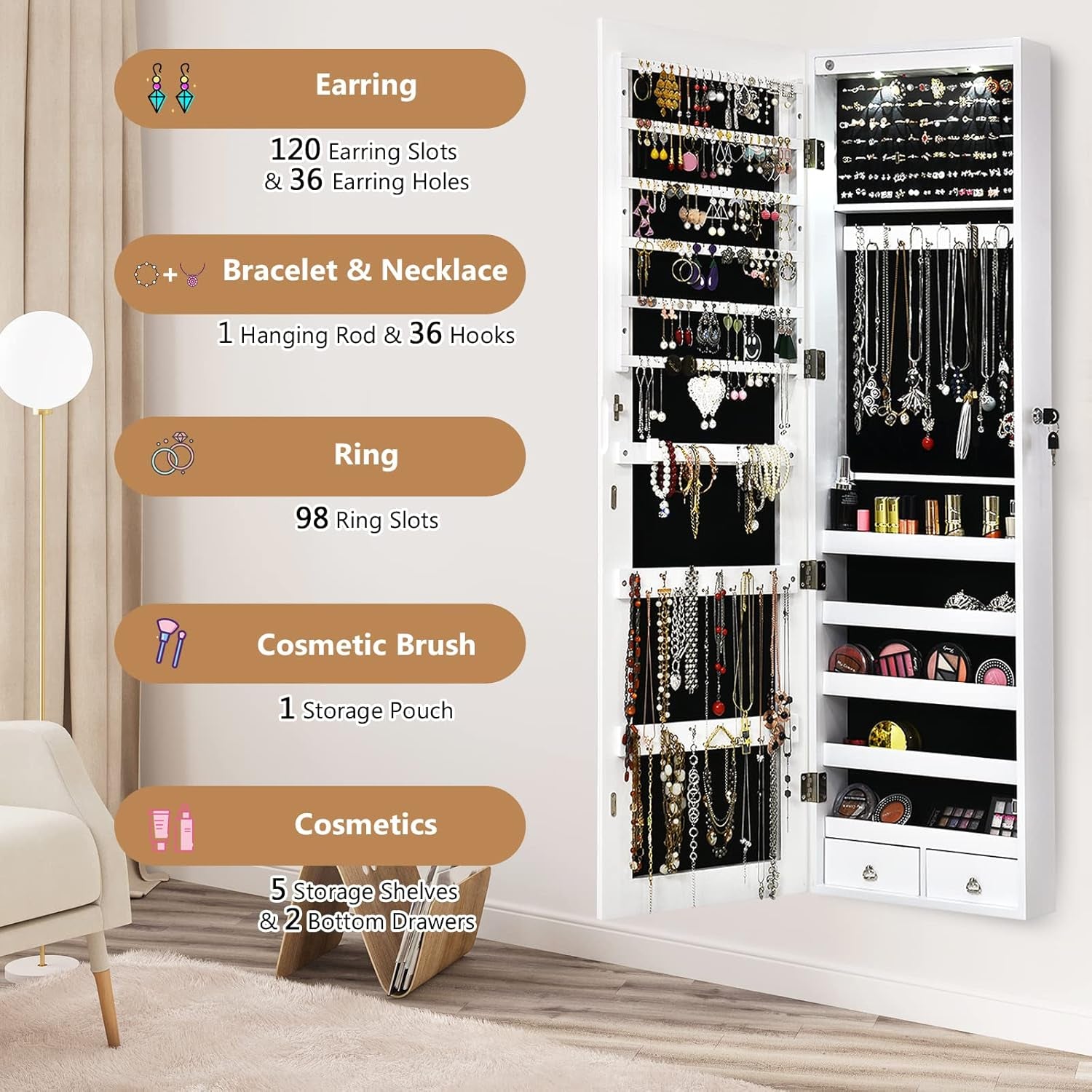Wall Mounted Jewelry Armoire with Full Length Mirror & 2 LED Lights, Large Storage Capacity, Lockable Mirror Jewelry Cabinet for Women Girls (White)