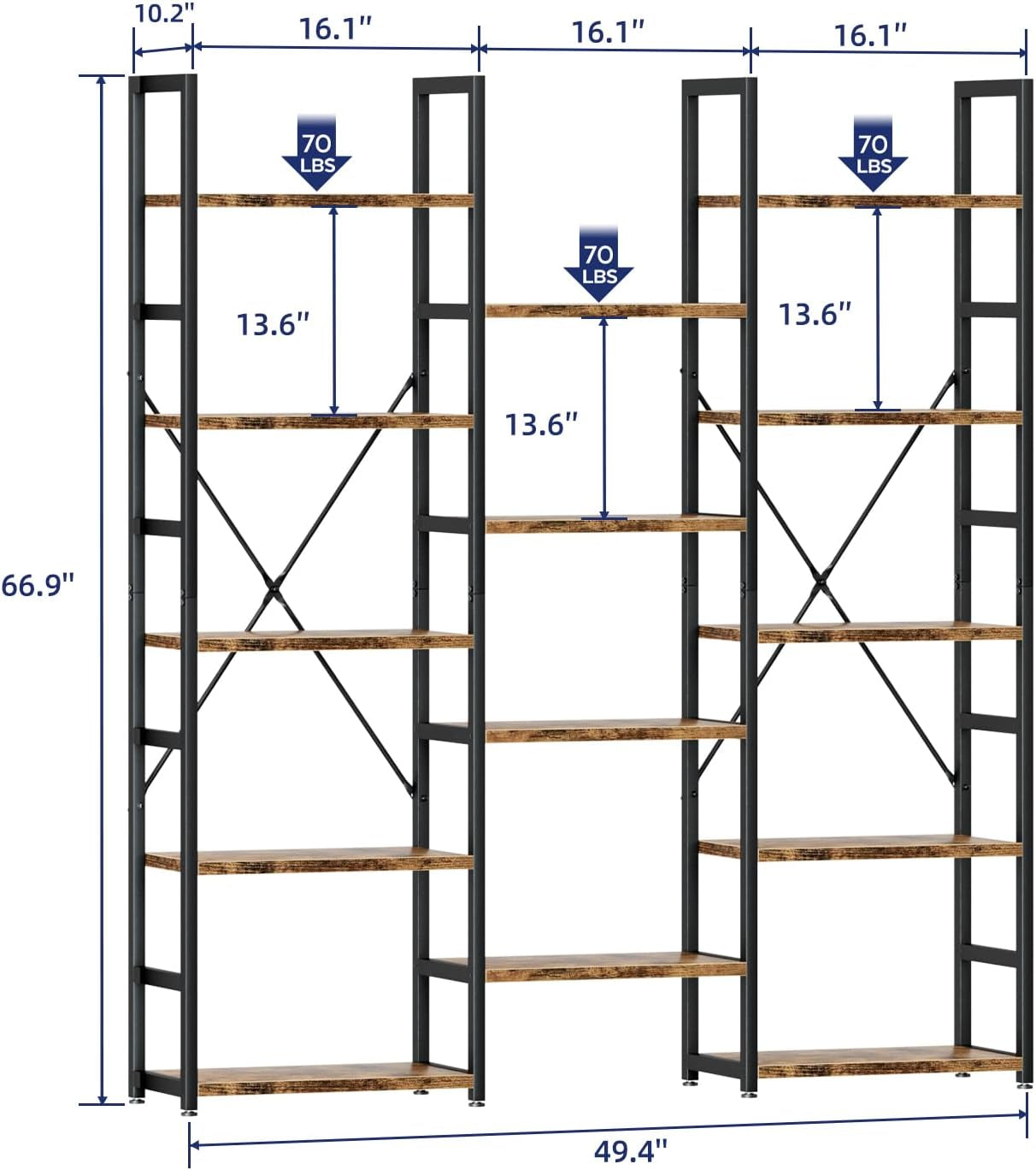 Triple Column 5 Tier Bookshelf, Bookcase with 14 Open Display Shelves, Adjustable Rustic Industrial Style Book Shelves, Modern Bookshelves for Bedroom, Living Room and Home Office, Vintage