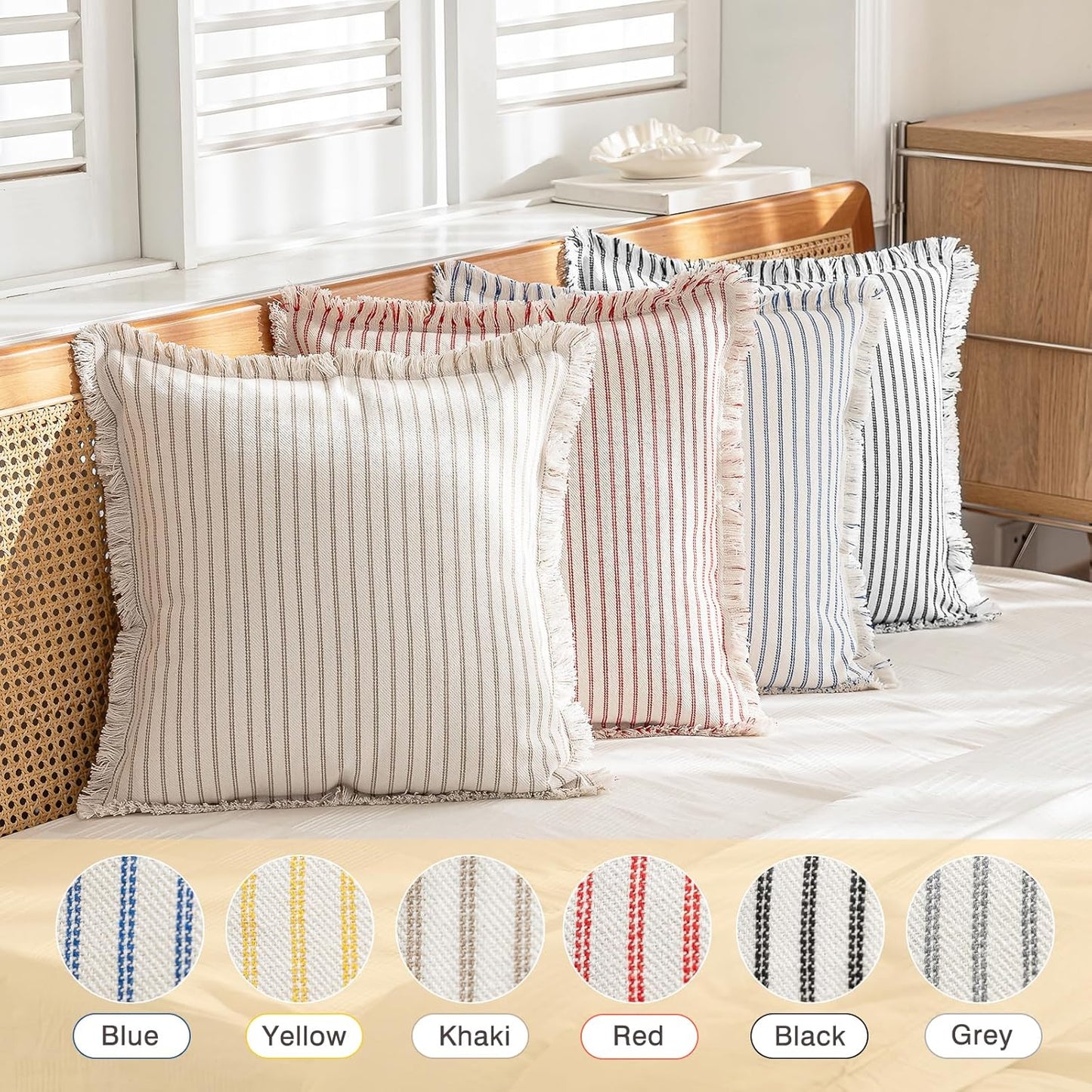 Throw Pillow Covers 20X20 Set of 2 Striped Fringe Pillow Cover Farmhouse Cushion Covers with Tassel Neutral Boho Pillows Decorative Square Pillowcase for Couch Sofa Bed, Khaki