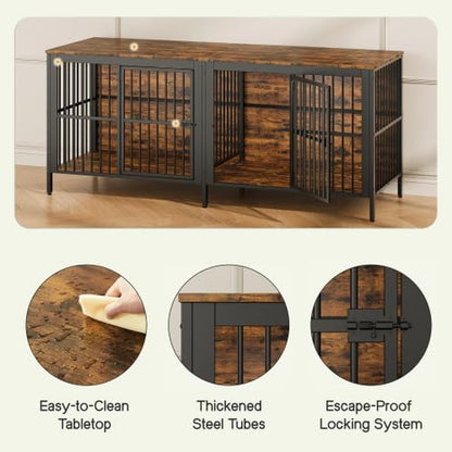 80" Dog Crate End Table, Heavy Duty 2-Door Indoor Pet Kennel, Multipurpose Dog House Furniture as TV Stand or Side Table for Living Room, Large & Medium Dogs.(Rustic Brown) (Rustic Brown)