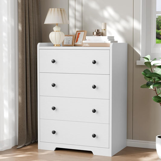 4-Drawer Dresser for Bedroom - White Wood Chest of Drawers Closet Storage Cabinet Organizer for Bedroom, Living Room, Hallway & Office