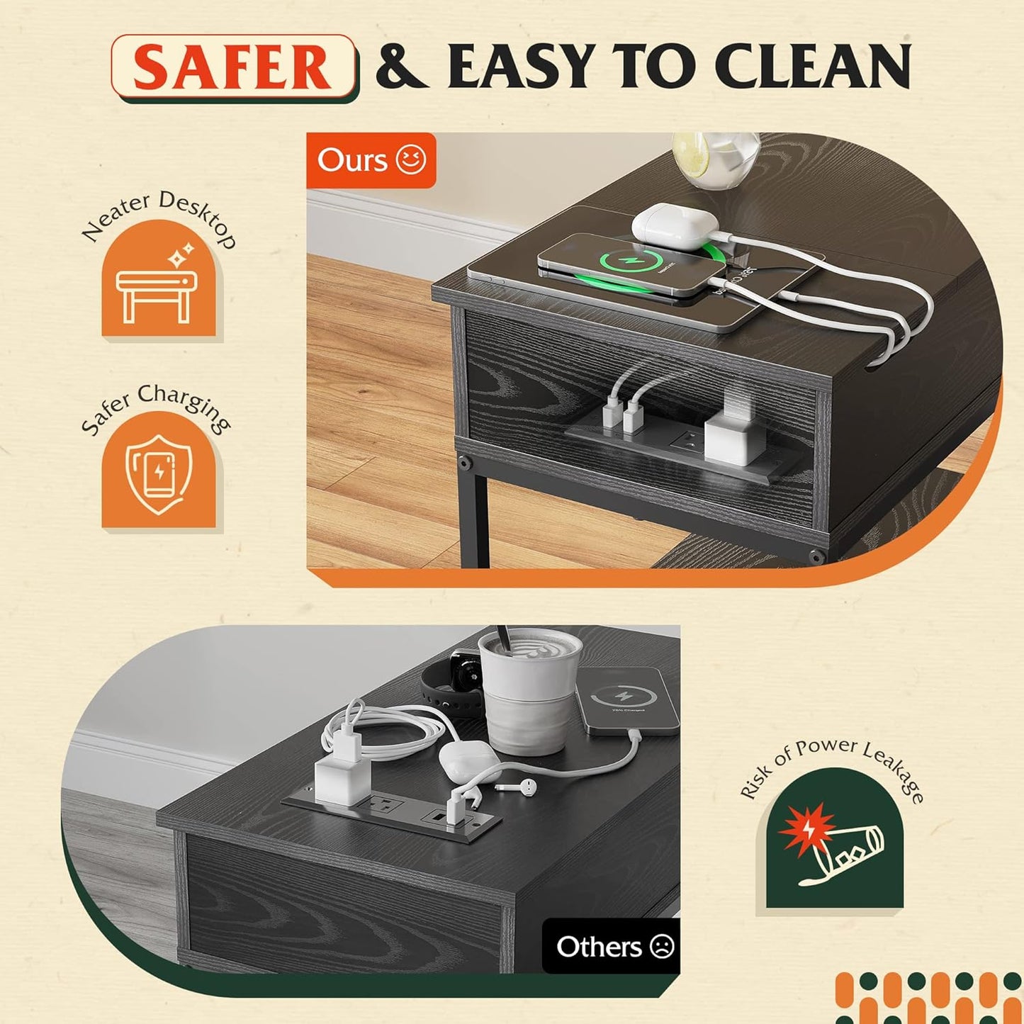 Narrow Side Table with 2 USB Ports and 2 Outlets, Flip Top Black End Table with Drawer and Storage Shelves, Small Nightstand with Charging Station for Living Room/Bedroom