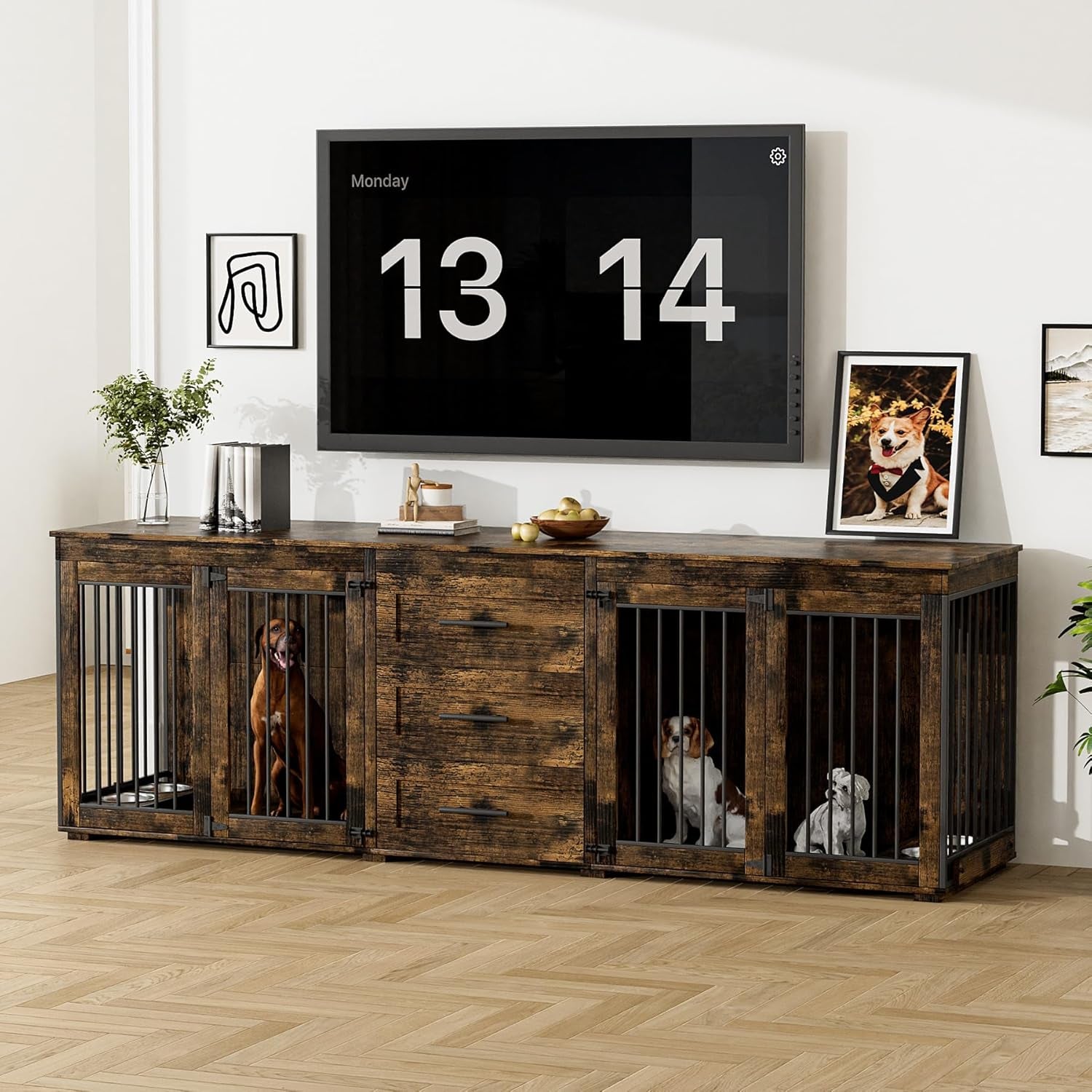 94.5" Dog Crate Furniture for 2 Dogs, Large Dog Kennel Furniture with 3 Storage Drawer, Wooden Dog Cage with 4 Bowls, Indoor Dog House TV Stand with Locks for Large Medium Dog, White Brown