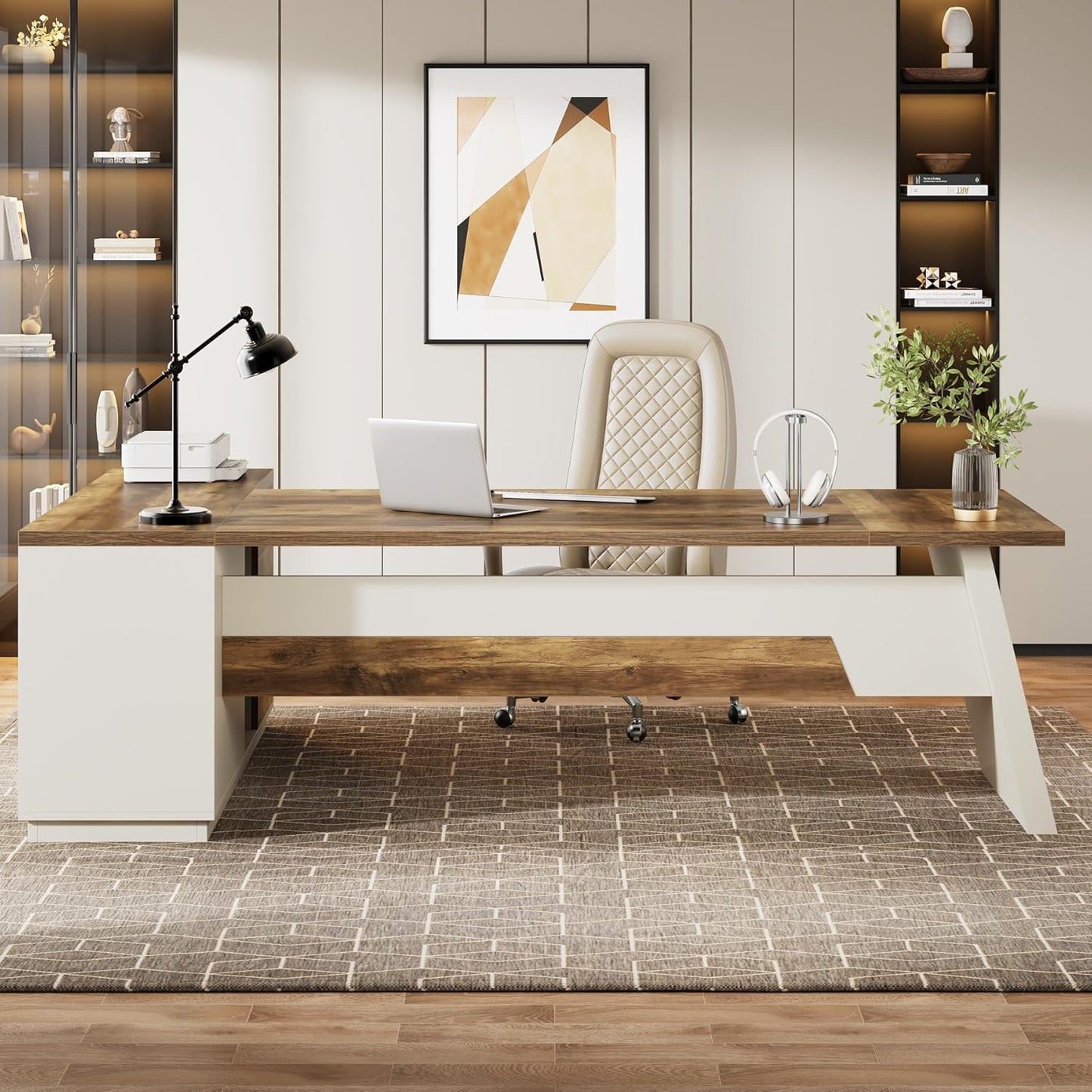 78" L-Shaped Executive Desk, Large Modern Office Desk with Drawers and Lateral File Cabinet, Business Furniture with Storage Shelves, Big Computer Desk for Home Office (Brown + White)