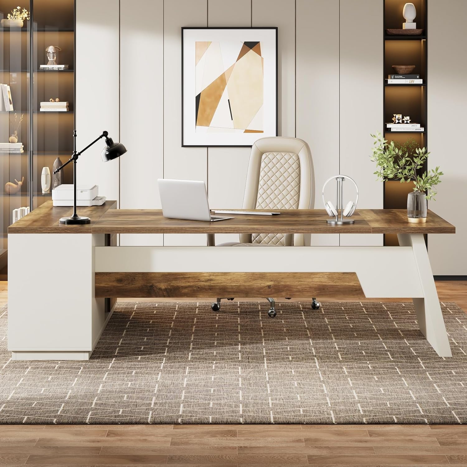 78" L-Shaped Executive Desk, Large Modern Office Desk with Drawers and Lateral File Cabinet, Business Furniture with Storage Shelves, Big Computer Desk for Home Office (Brown + White)