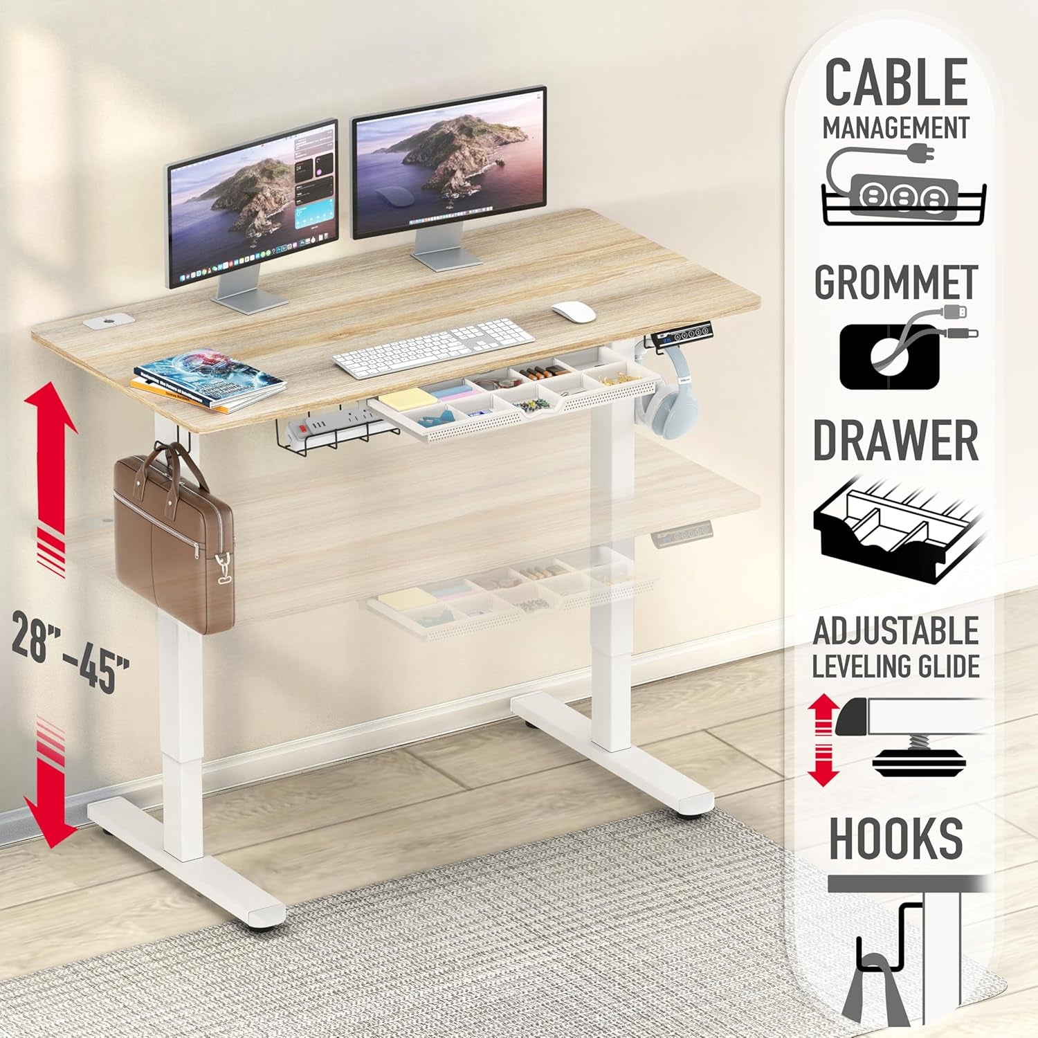 48-Inch Electric Height Adjustable Standing Desk with Drawer, Memory Preset and Cable Management Tray, Maple