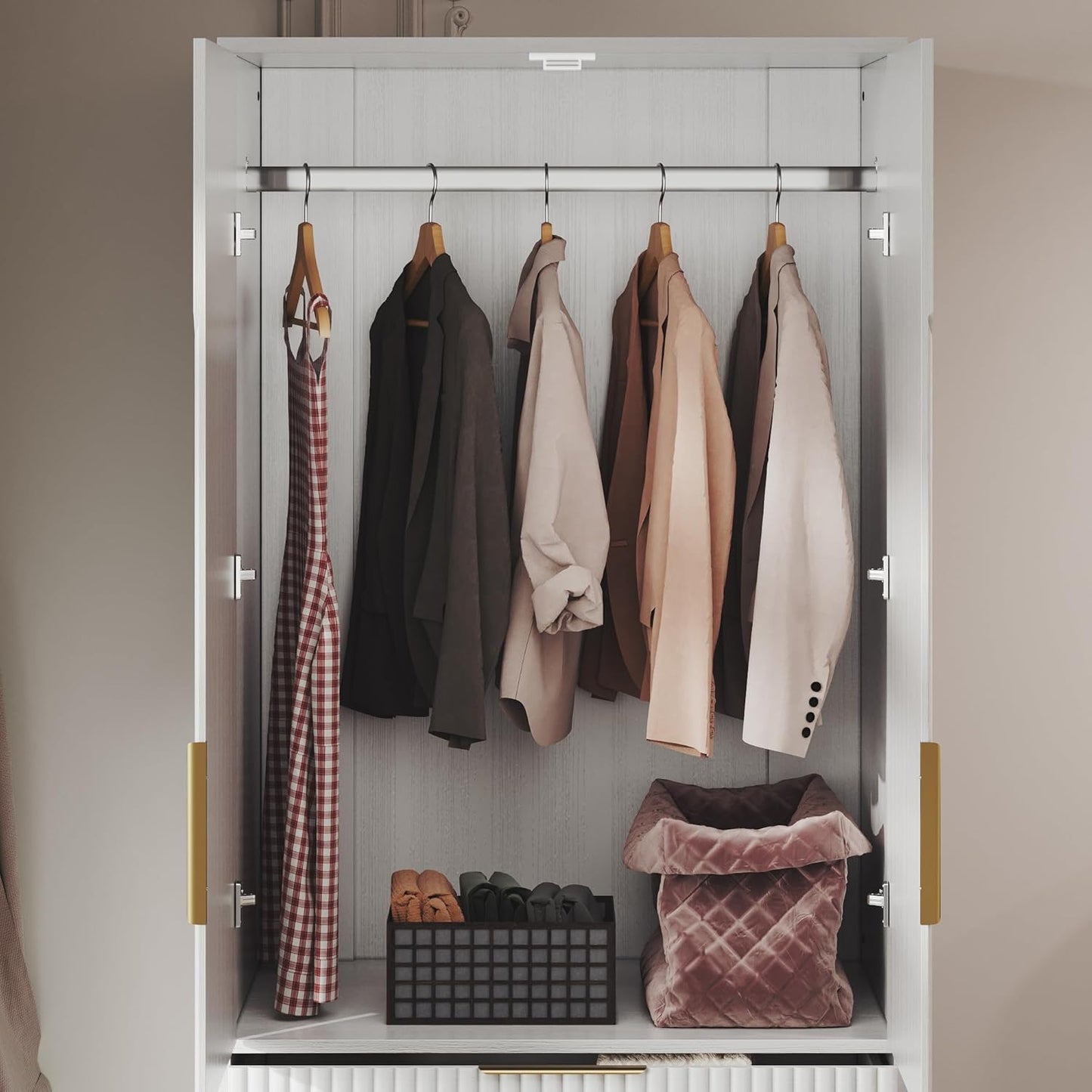 71.7" Wardrobe Armoire Wooden Closet with 2 Doors and 3 Drawers, Bedroom Armoire with Hanging Rod Shelf, Large Capacity Storage Wardrobe Armoire, Freestanding Wooden Closet Storage Cabinet White