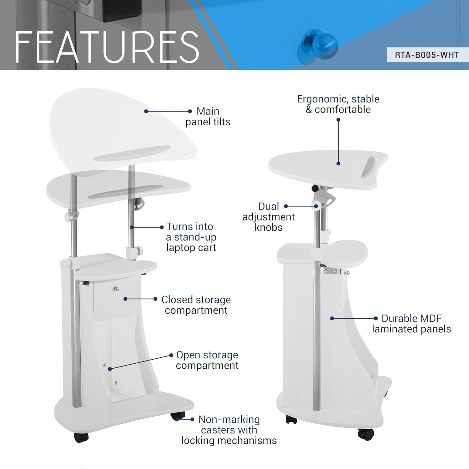 Adjustable Height Rolling Laptop Cart with Storage, Sit to Stand Desk with Wheels, Podium Stand or Medical Cart, White