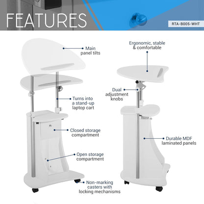 Adjustable Height Rolling Laptop Cart with Storage, Sit to Stand Desk with Wheels, Podium Stand or Medical Cart, White