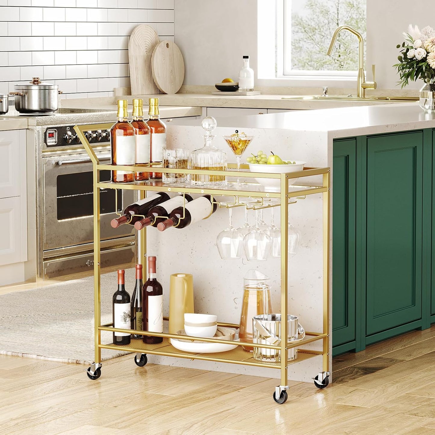 Bar Cart for the Home, 2-Tier Kitchen Cart with Wine Rack and Glass Holder, Serving Cart with Wheels and Guard Rails for Dining Room, Living Room, Party, Bar, Gold GD11TC01