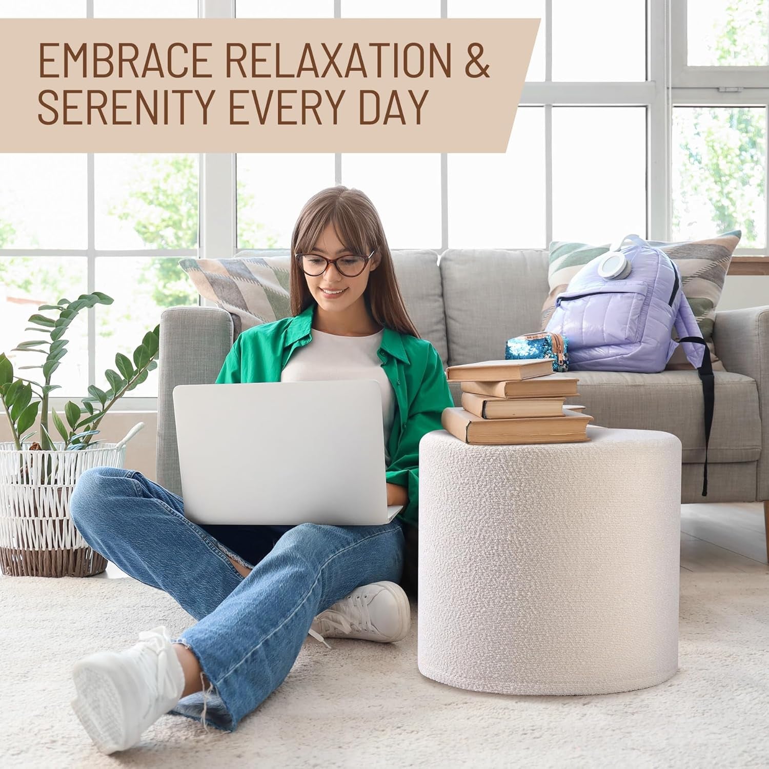 Round Pouf Ottoman and Foot Rest, Soft Boucle Footstool Ottomans for Living Room, Comfort Sponge Stuffed Poofs for Couch Desk Resting Your Feet, White(17.1" D X 17.1" W X 14" H)