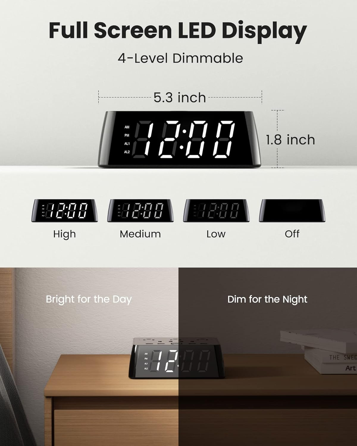 Alarm Clock with 4 USB Chargers Power Strip 3 Outlets 1700J Surge Protector Nightstand Dimmable Digital Clock with Dual Alarm and Snooze Function for Bedroom, Full Screen LED Display
