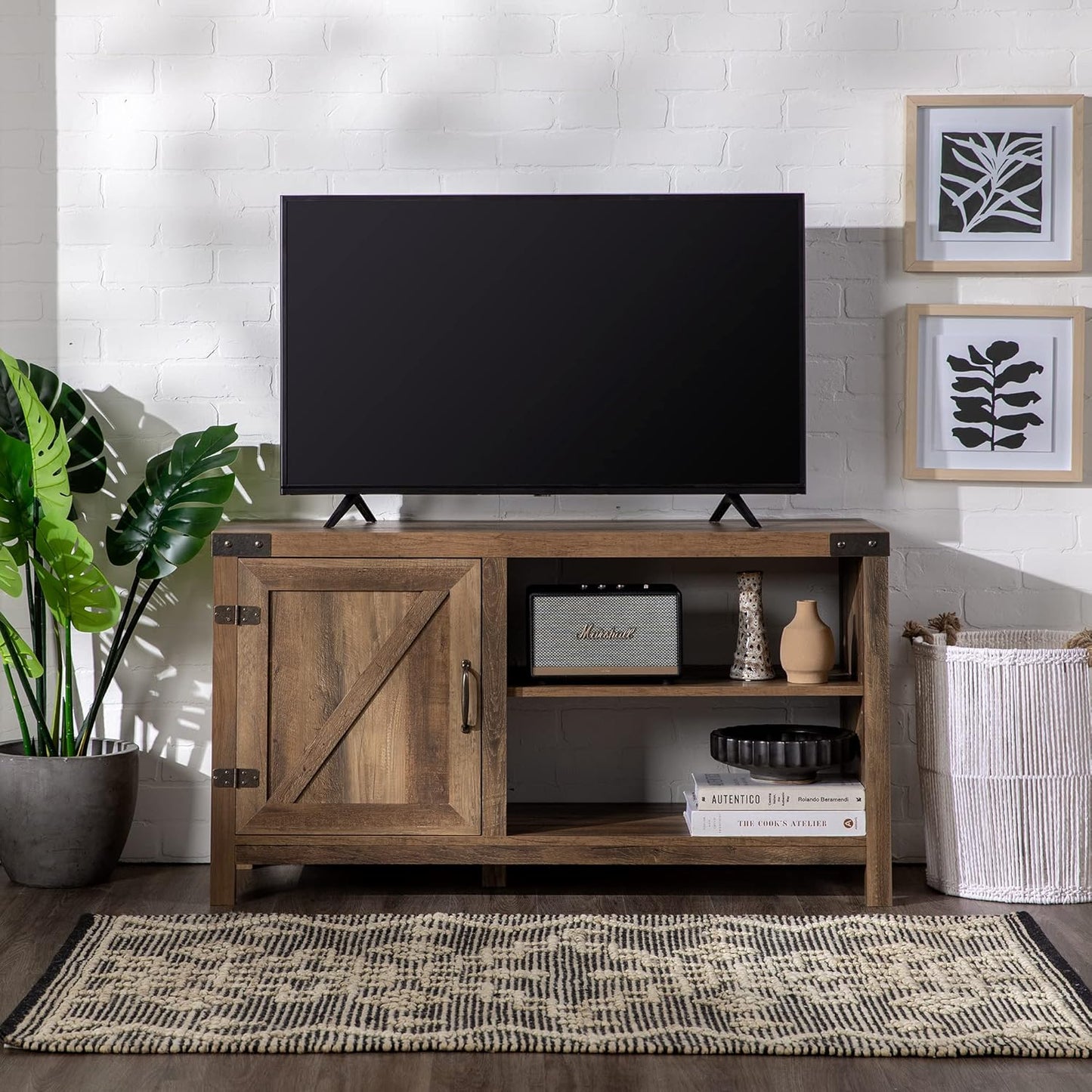 Lewis Single Barn Door Storage Console, 44 Inch, Rustic Oak, without Fireplace