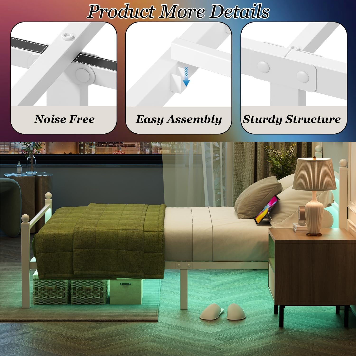 Full Size Bed Frame with Charging Station & LED Lights, Full Metal Platform Bed Frame with Headboard and Footboard, Storage Space under Bed, No Box Spring Needed, Noise Free, Easy Assembly, White
