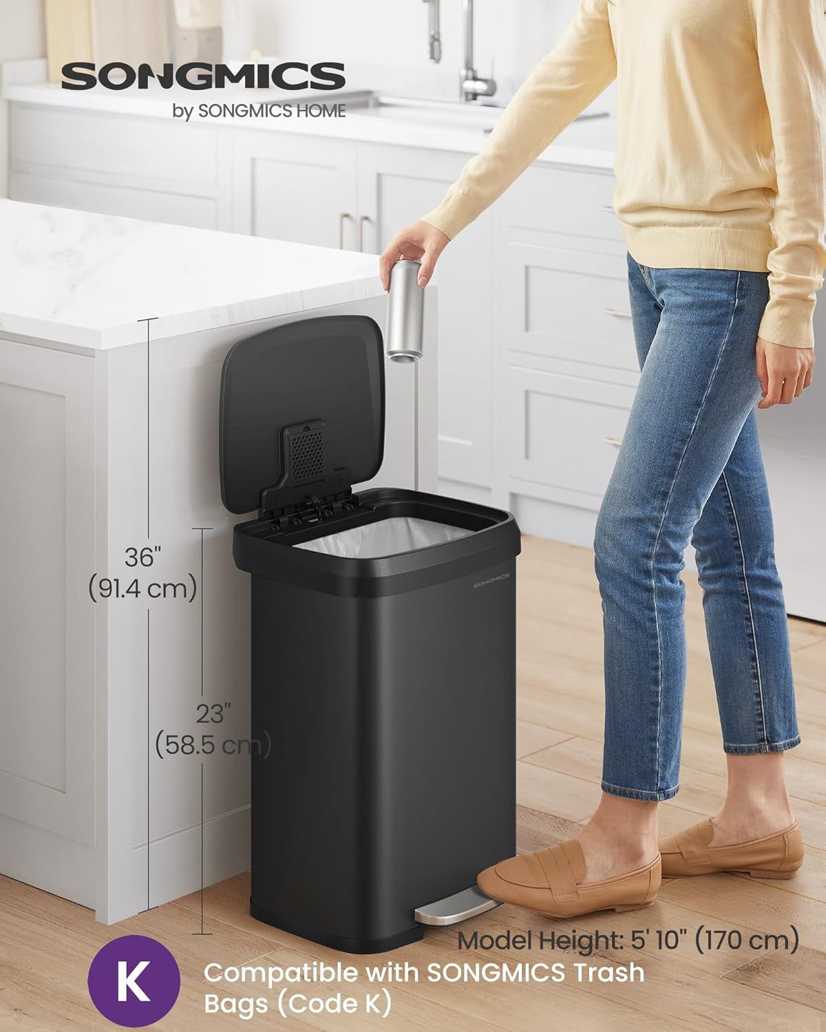 Kitchen Trash Can, 13 Gallon (50 L) Stainless Steel Garbage Can, with Stay-Open Lid and Step-On Pedal, Soft Closure, Tall, Large and Space-Saving, Black ULTB530B50