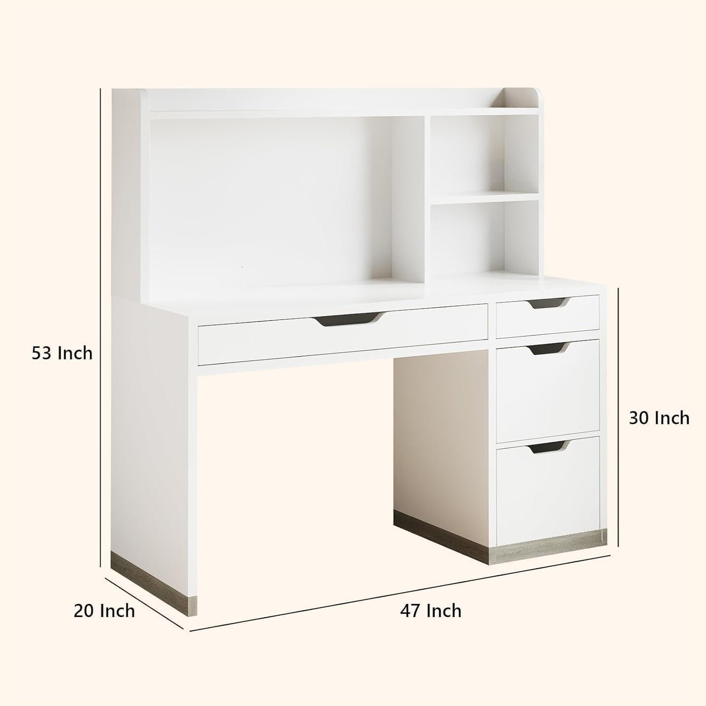 White Desk with Hutch and Drawers, 53 Inch Computer Desk with Storage File Drawer, White Study Desk with 4 Drawers for Bedroom, Small Space