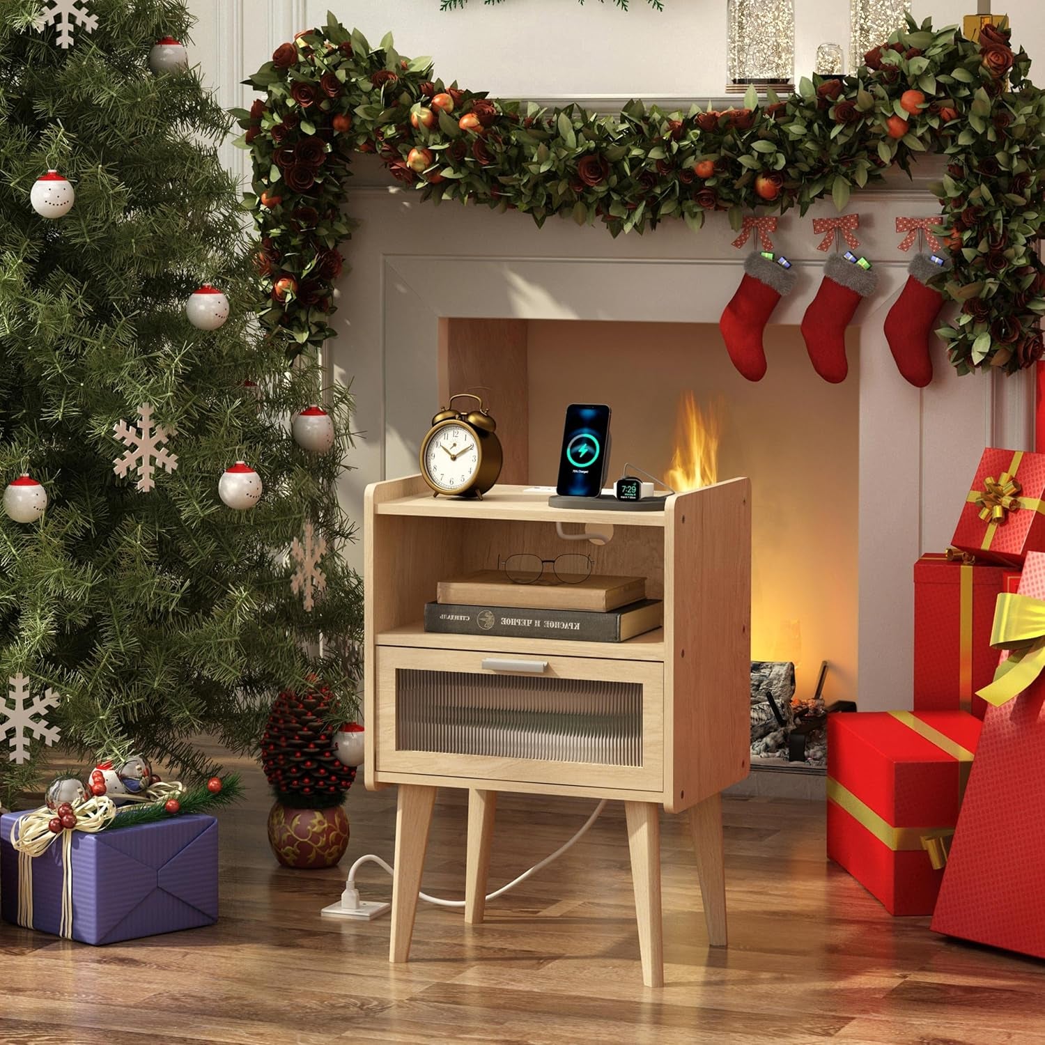 Nightstand with Charging Station, Bedside Tables with Glass Decorative Door, Natural End Table, Side Table with 2 Tiers Storage Space for Bedroom Living Room CAMLBZ07YE