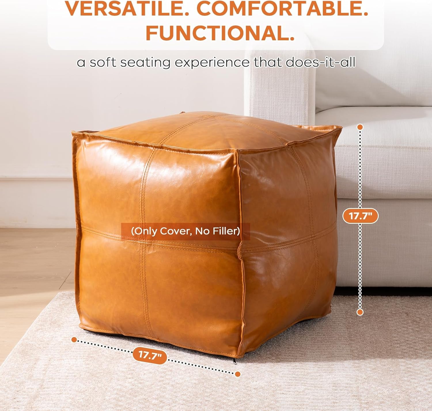 Unstuffed Pouf Ottoman Cover (Only Cover No Filler), 17.7X17.7 Inch Faux Leather Moroccan Poofy Ottomans Cover, Footrest Square White Footstool with Storage Waterproof Easy Cleaning for Living Room