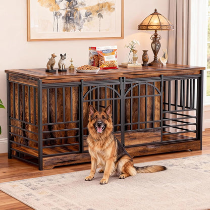 78 Inch Double Dog Crate Furniture, Extra Large Dog Kennel Indoor for 2 Dogs, Heavy Duty Dog Cage with Divider, Wooden Dog House Decorative Table TV Stand for Xlarge Dogs (Cognac Brown)