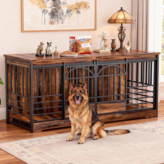 78 Inch Double Dog Crate Furniture, Extra Large Dog Kennel Indoor for 2 Dogs, Heavy Duty Dog Cage with Divider, Wooden Dog House Decorative Table TV Stand for Xlarge Dogs (Cognac Brown)