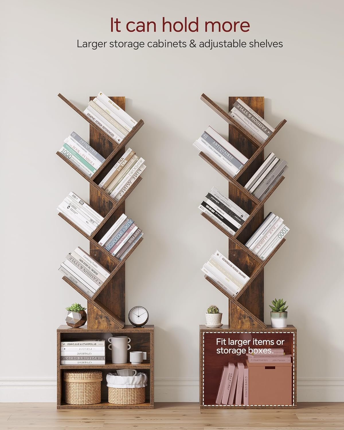 6 Tier Tree Bookshelf, Small Bookcase with Storage Cabinet, Modern Tall Narrow Bookshelves Organizer, Floor Standing Book Shelf for Bedroom/Living Room/Home Office/Corner, Rustic Brown
