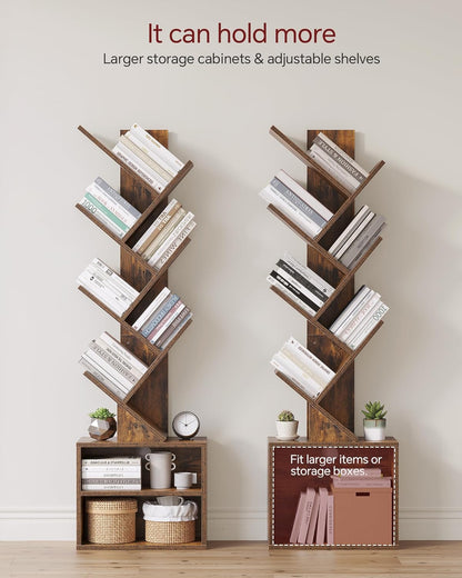 6 Tier Tree Bookshelf, Small Bookcase with Storage Cabinet, Modern Tall Narrow Bookshelves Organizer, Floor Standing Book Shelf for Bedroom/Living Room/Home Office/Corner, Rustic Brown