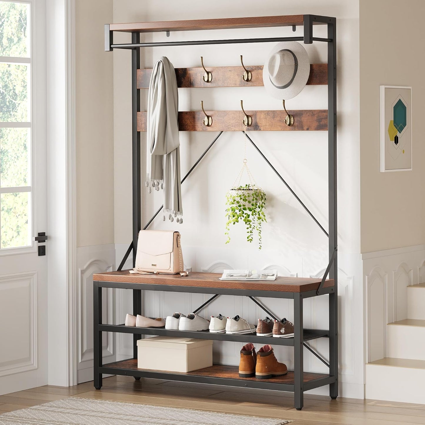 Coat Rack Shoe Bench Industrial Hall Tree Storage Bench for Entryway, Wood Look Accent Large Shoe Rack with Storage Shelf Hanging Bar,8 Hooks Rustic Brown 39.9"X15.7"X72"
