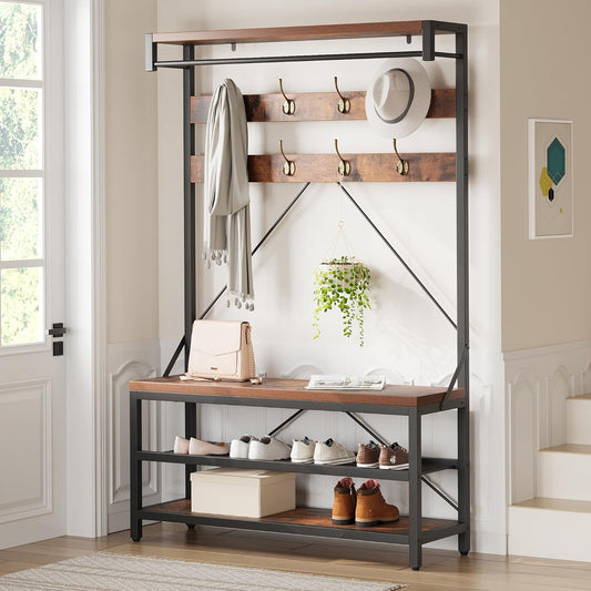 Coat Rack Shoe Bench Industrial Hall Tree Storage Bench for Entryway, Wood Look Accent Large Shoe Rack with Storage Shelf Hanging Bar,8 Hooks Rustic Brown 39.9"X15.7"X72"