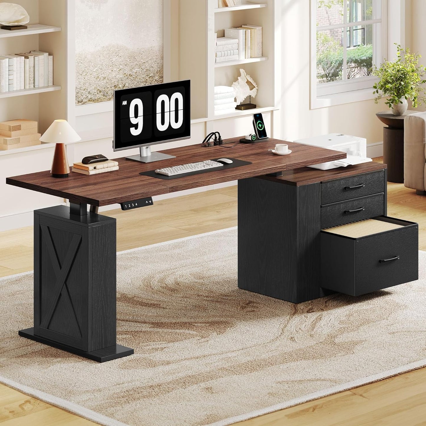 75.5 Inches Electric Standing Desk with Drawers Farmhouse Sit Stand Desk with Storage Adjustable Height Computer Desk with Power Outlets Printer Space for Home Office Black and Walnut