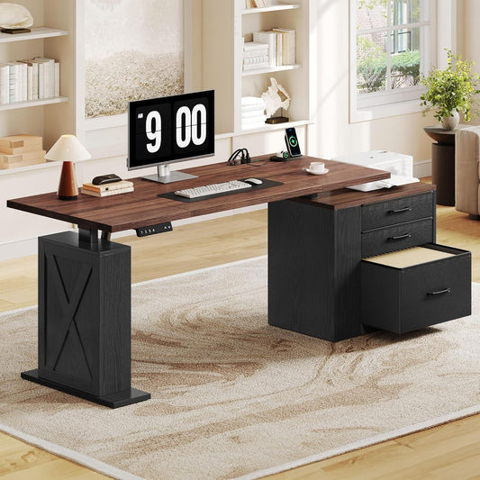 75.5 Inches Electric Standing Desk with Drawers Farmhouse Sit Stand Desk with Storage Adjustable Height Computer Desk with Power Outlets Printer Space for Home Office Black and Walnut