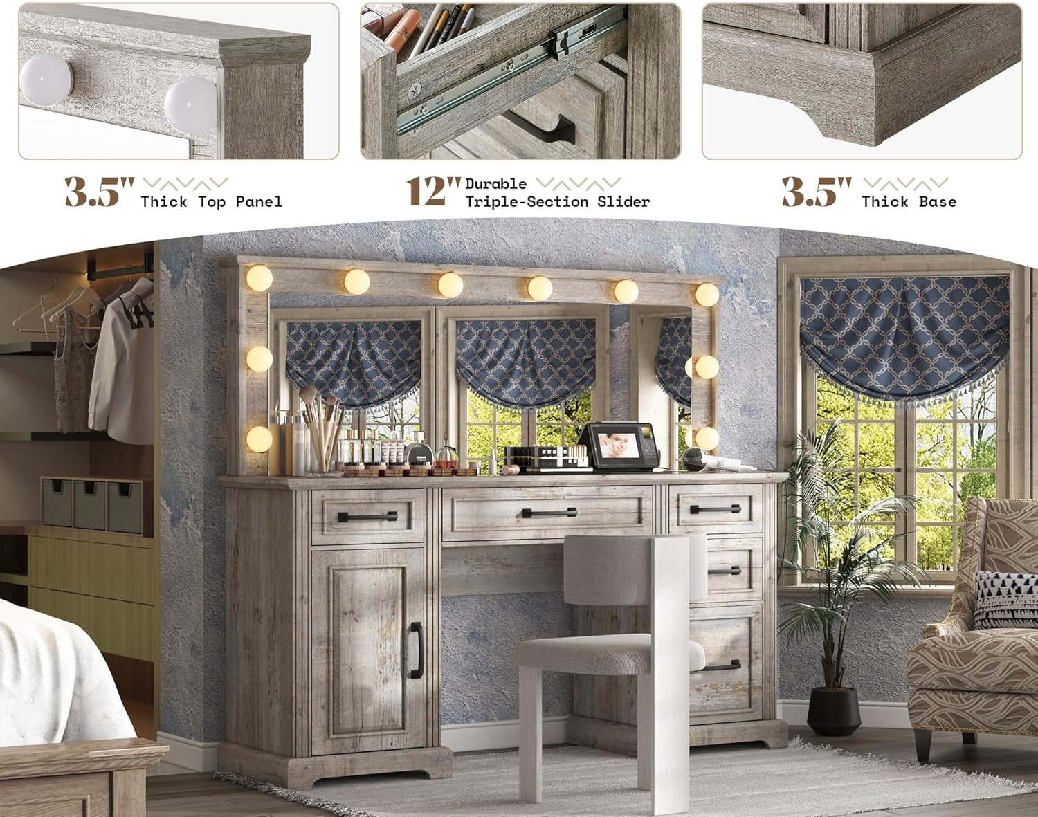 55" W Makeup Vanity with Hollywood Mirror, Glass Top Vanity with 5 Drawers & Charging Station, 10 Detachable Light Bulbs, Adjustable Brightness, Light Oak