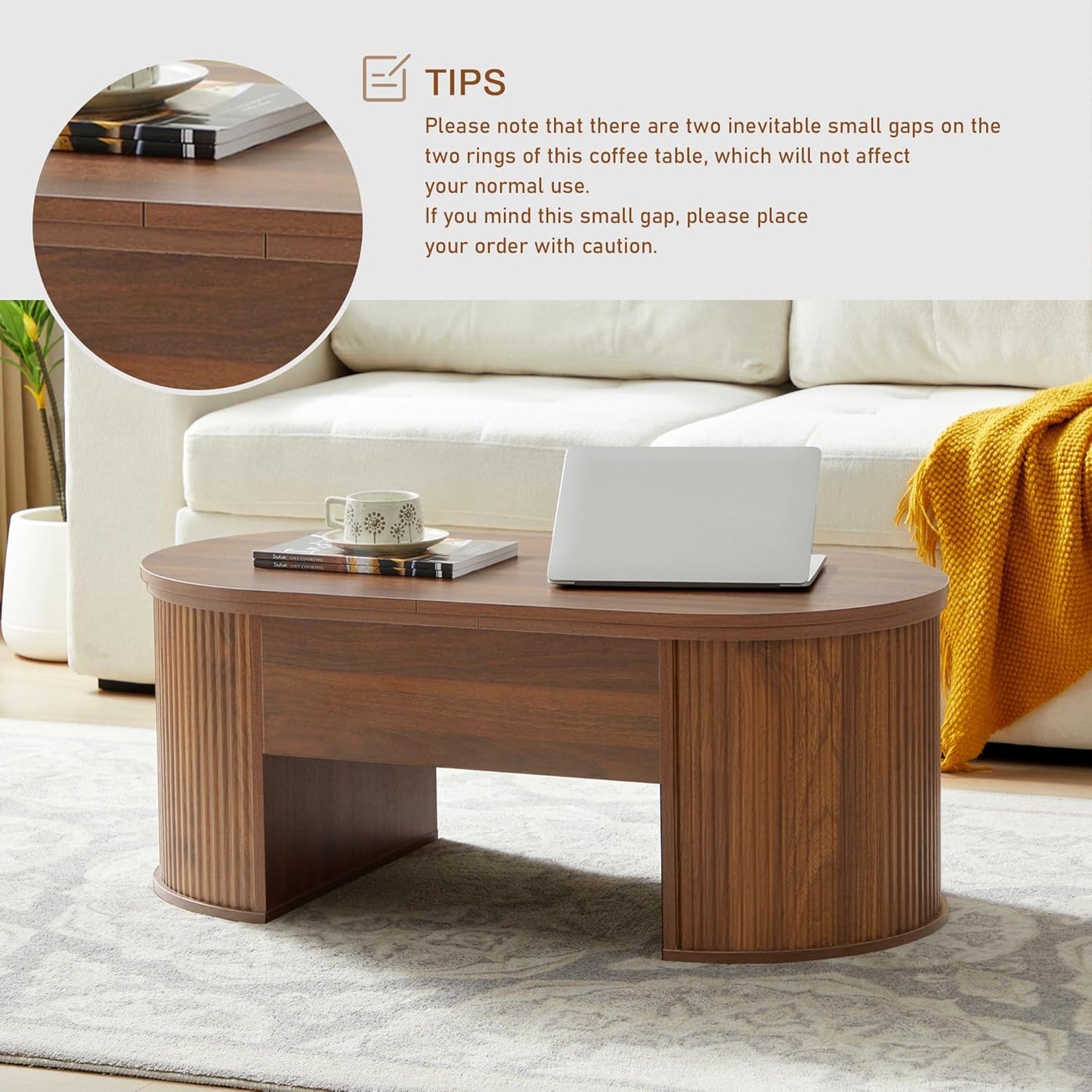 Fluted Coffee Table with Lifting Top, Oval Wood Lift Top Coffee Table with Hidden Compartment, Mid Century Pull up Center Tables for Living Room, Office - Walnut