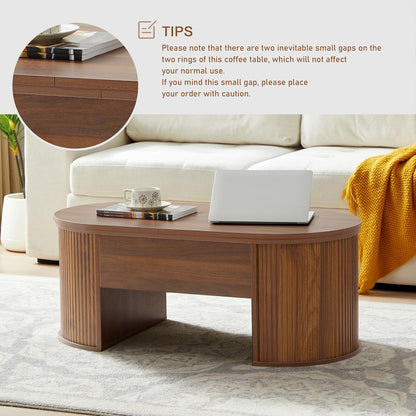 Fluted Coffee Table with Lifting Top, Oval Wood Lift Top Coffee Table with Hidden Compartment, Mid Century Pull up Center Tables for Living Room, Office - Walnut