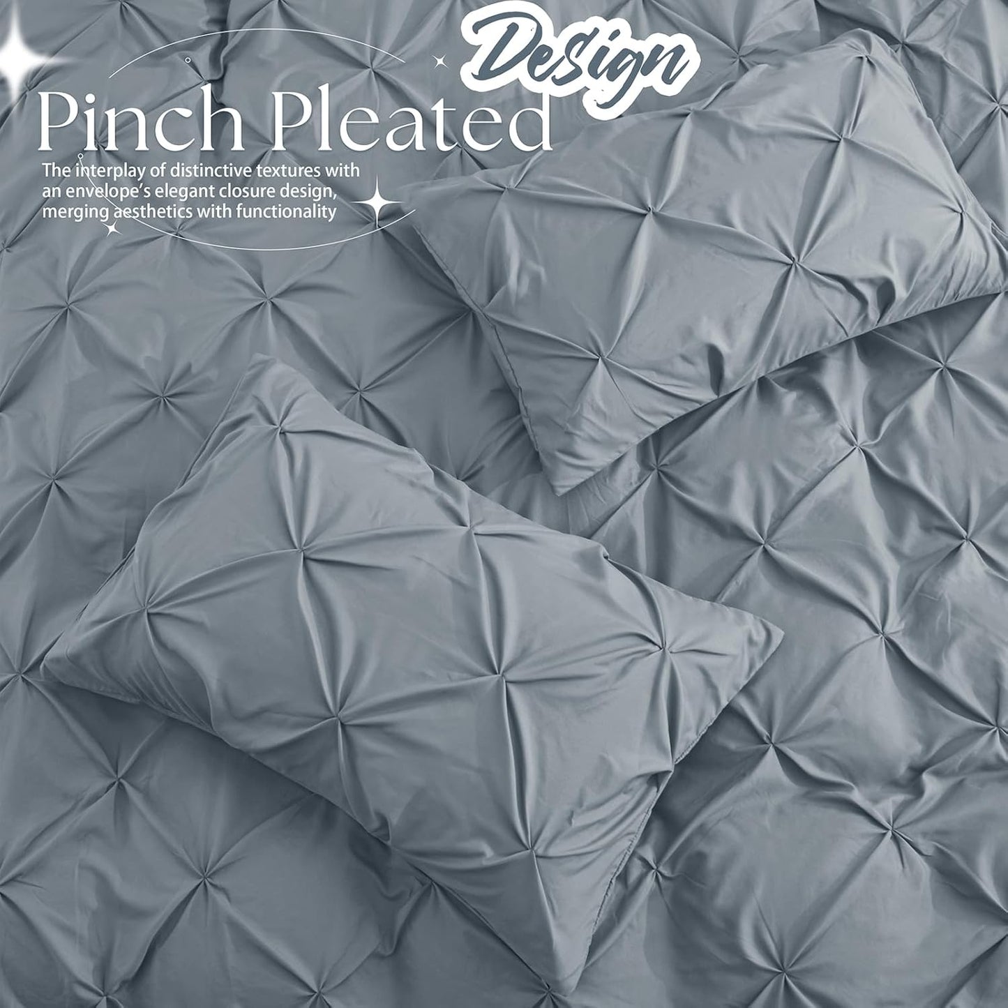 Pintuck Pillow Cases King Size Set of 2, Light Gray Pillow Shams Decorative Pillowcases with Envelope Closure, Pinch Pleated Microfiber Pillowcases, Wrinkle and Stain Resistant