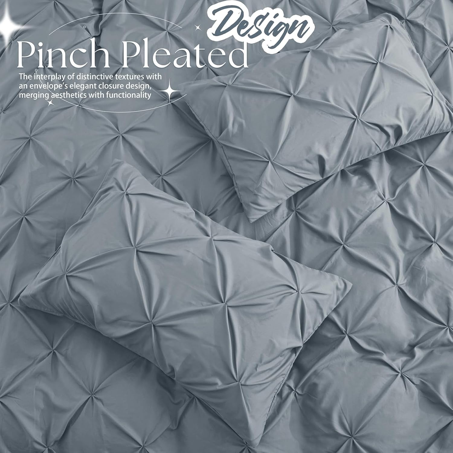 Pintuck Pillow Cases King Size Set of 2, Light Gray Pillow Shams Decorative Pillowcases with Envelope Closure, Pinch Pleated Microfiber Pillowcases, Wrinkle and Stain Resistant