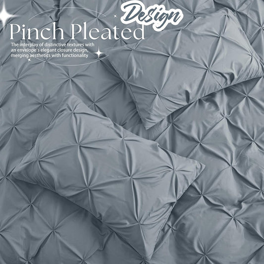 Pintuck Pillow Cases King Size Set of 2, Light Gray Pillow Shams Decorative Pillowcases with Envelope Closure, Pinch Pleated Microfiber Pillowcases, Wrinkle and Stain Resistant