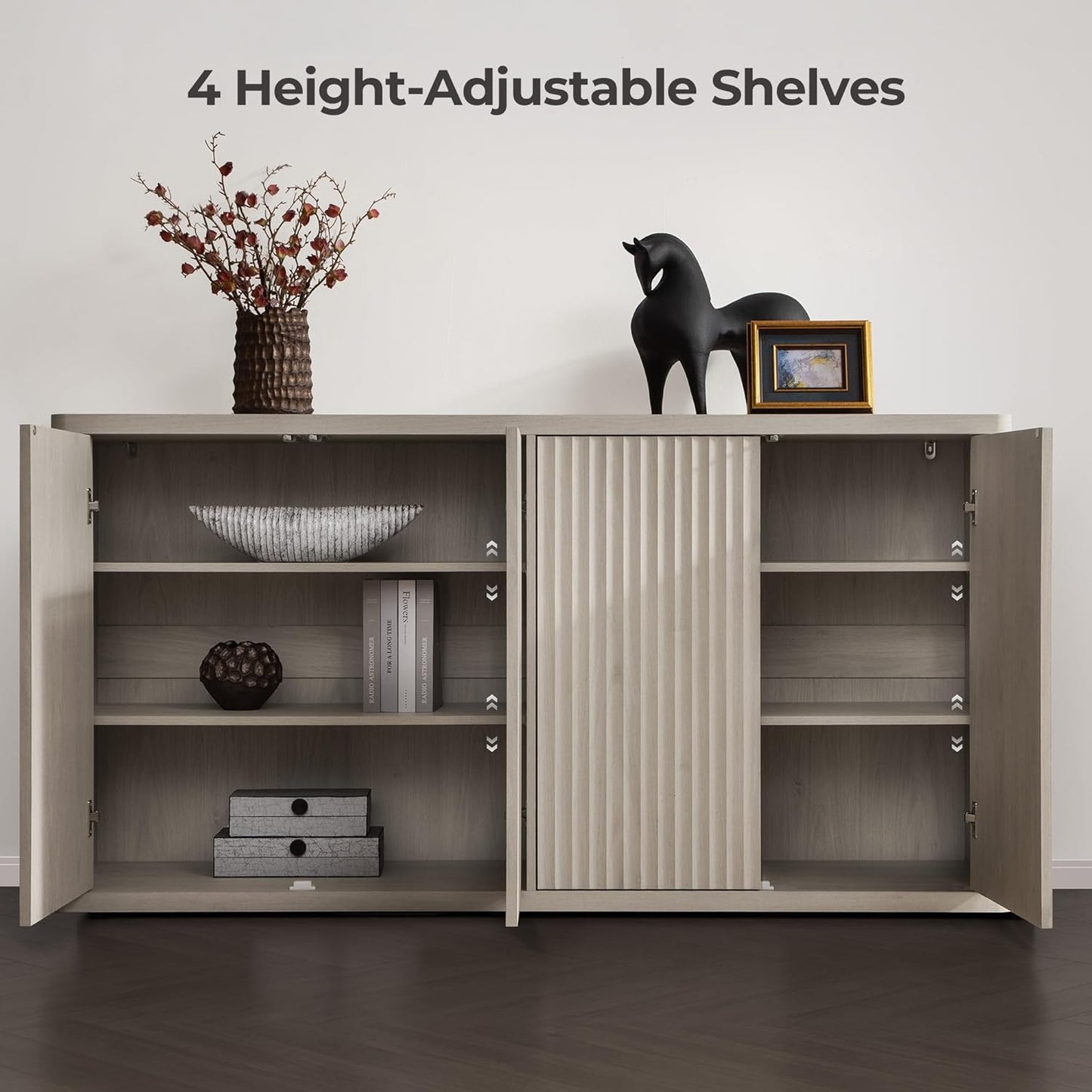 Buffet Cabinet with Storage Accent Sideboard with 4 Doors 66.3" Wide Fluted Credenza Modern Buffet Table Media Console Cabinet Entryway Cabinets for Living Room Kitchen Dining Room Hallway