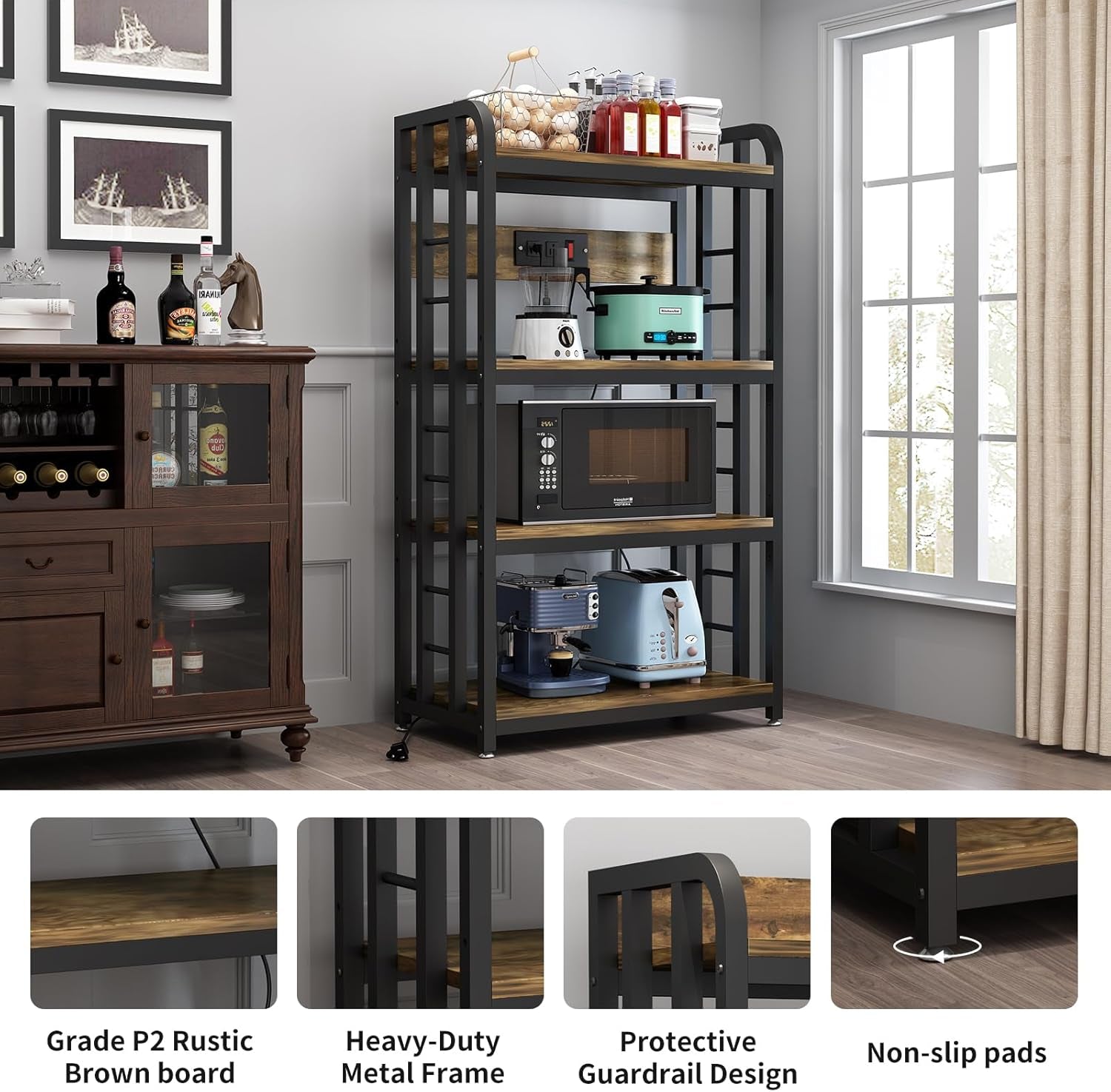 Bakers Rack with Power Outlet ，4-Tier Kitchen Baker'S Rack,Microwave Stand with Storage Suitable for Kitchen, Living Room, Dinning Room，Coffee Bar(Rustic Brown)