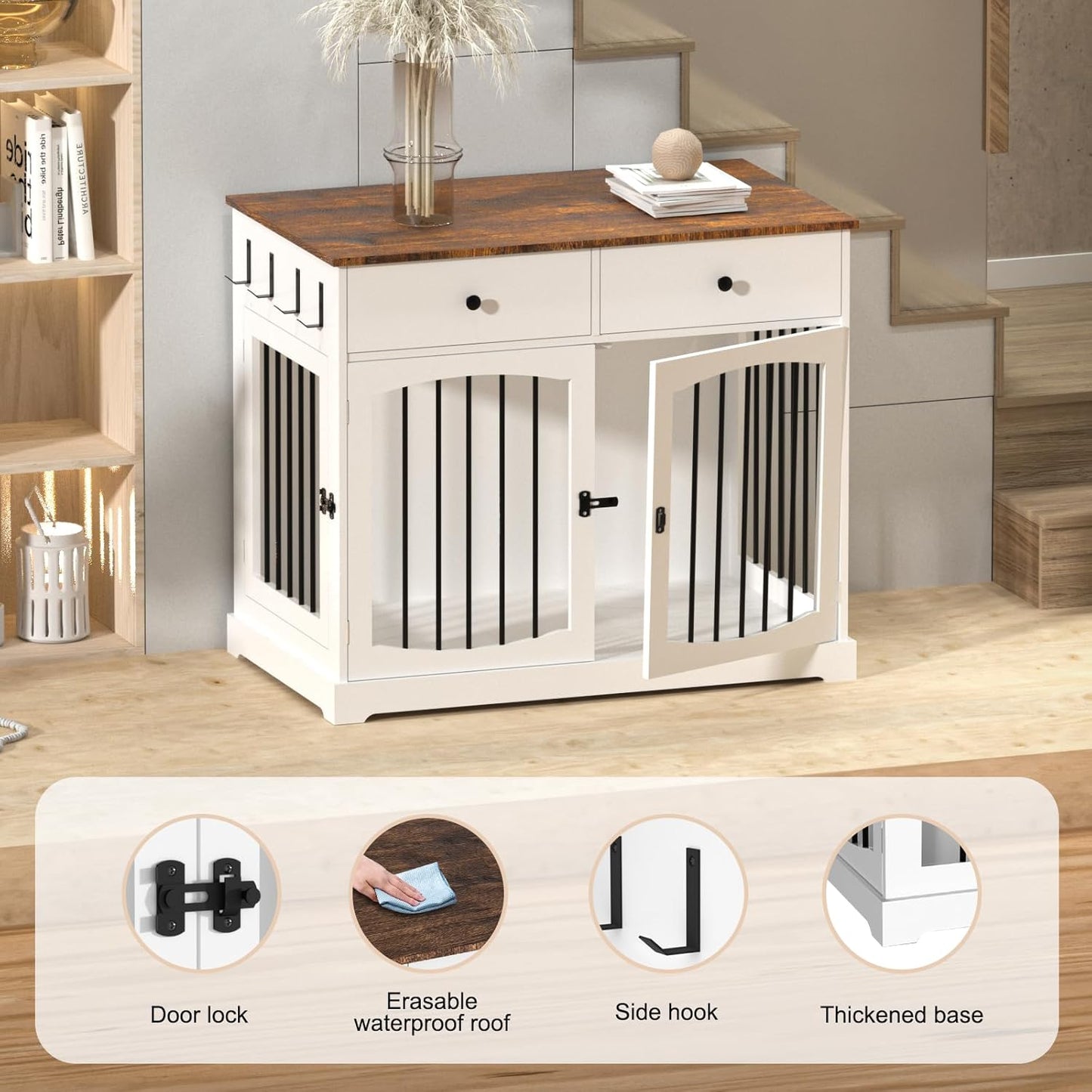 Dog Furniture Crate -40 Inch Dog Kennel with Drawers-End Table Wooden Pet Crate, Double Door Design, Decorative Dog House Indoor for Small Medium Large Dog, White