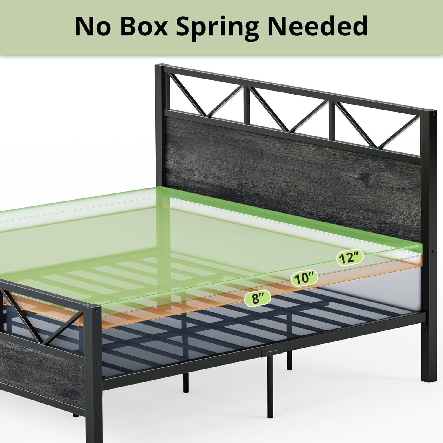 King Bed Frame, Tall Industrial Headboard 51.2 ", Platform Bed Frame with Strong Metal Support, Solid and Stable, Noise Free, No Box Spring Needed, Easy Assembly, Charcoal Grey