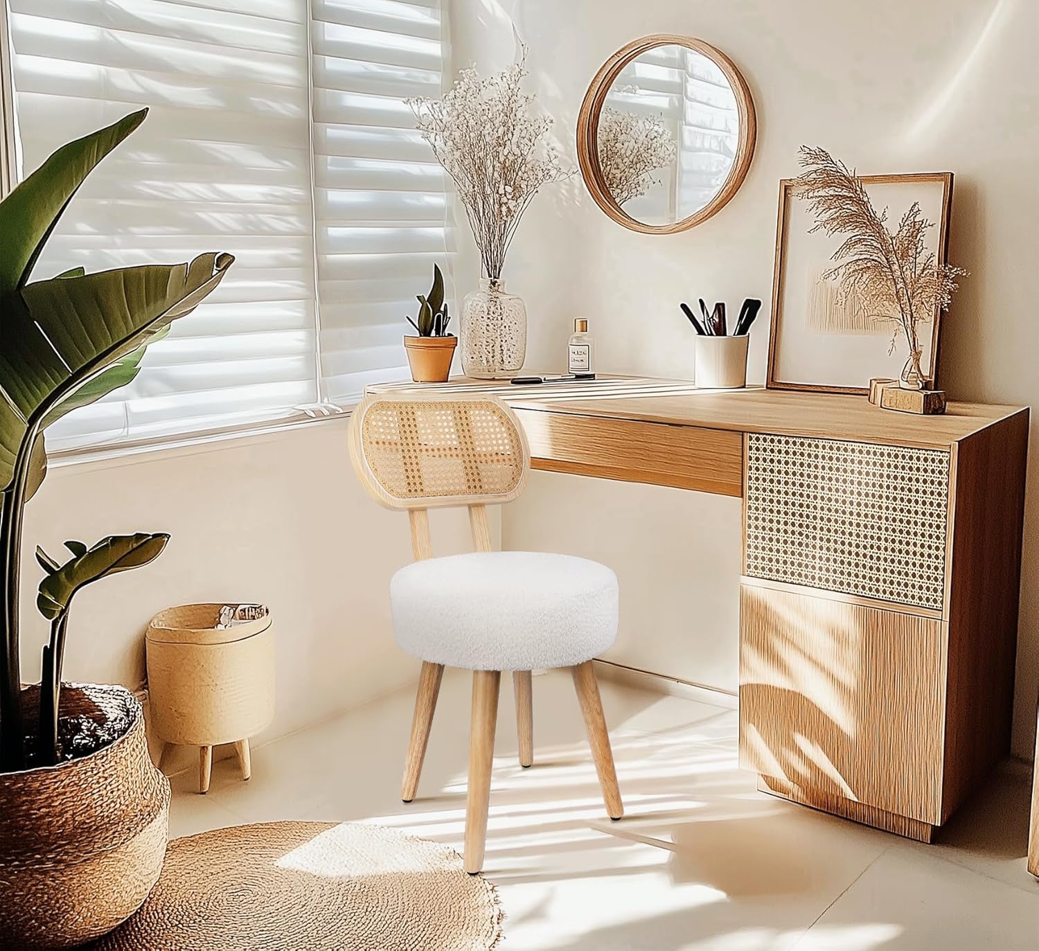 Rattan Dining Chair, Kitchen Dining Room Chairs, Mid Century Modern Boucle Chair, Stylish Upholstered Wood Accent Chair, Cute Sherpa Chair, Living Room Bar Stool Chair, Boho Makeup Vanity Chair, 1 Pc