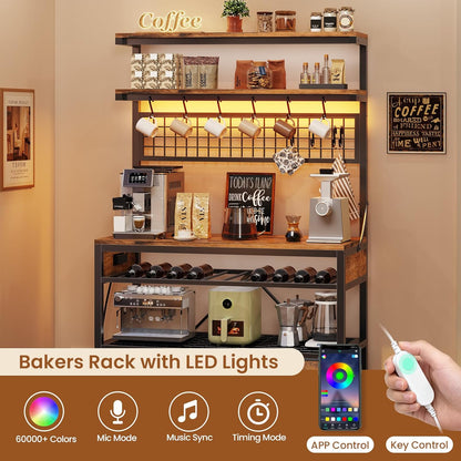 Bakers Rack with Storage and Power Outlet, 35.4 Inch Coffee Bar Cabinet, Microwave Stand Kitchen Cabinet with Hutch, LED Lights, Wine Rack and Hooks, Rustic Brown Rustic Brown