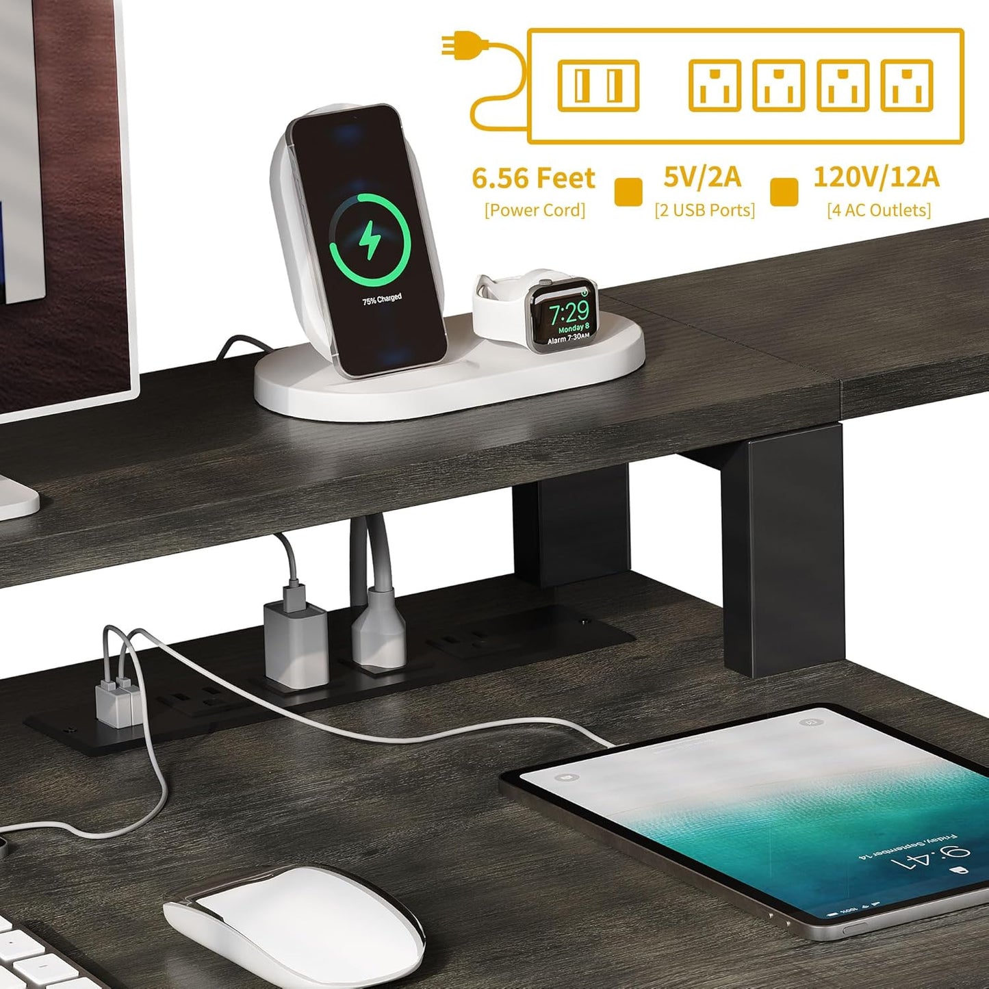 L Shaped Desk with Drawers, 65" Computer Desk with Power Outlets & LED Lights, Corner Home Office Desk with Storage Shelves & Printer Stand, Grey