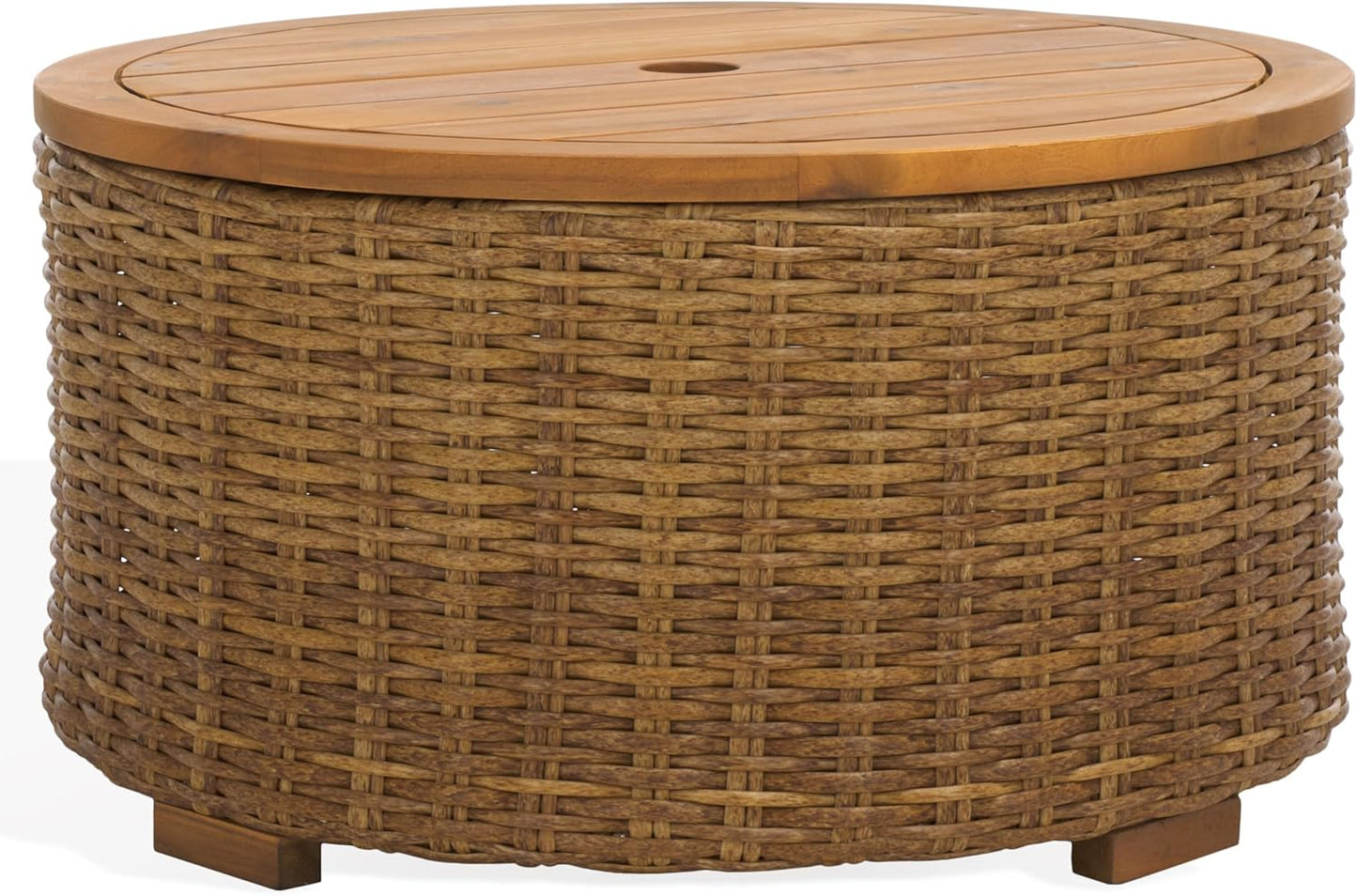 Couture Collection – Anguilla Faux Wicker Indoor/Outdoor Storage Coffee Table, Fully Assembled, Natural Brown Patio Accent Table with Removable Wood Top (CPT2103A)