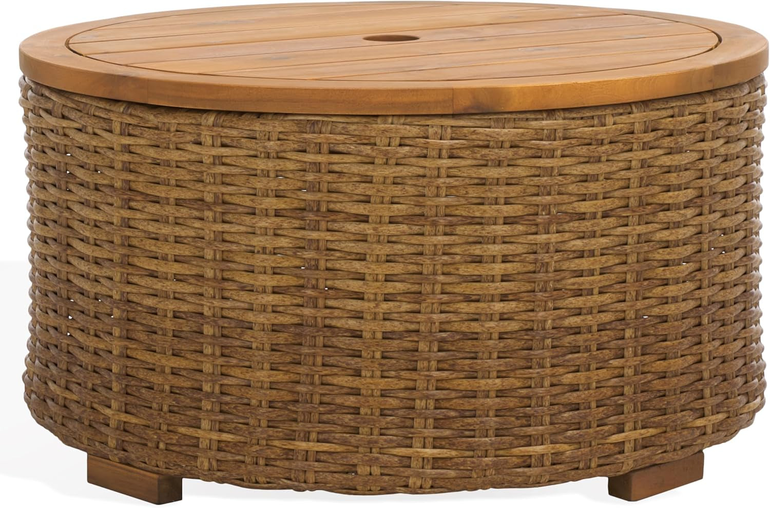 Couture Collection – Anguilla Faux Wicker Indoor/Outdoor Storage Coffee Table, Fully Assembled, Natural Brown Patio Accent Table with Removable Wood Top (CPT2103A)