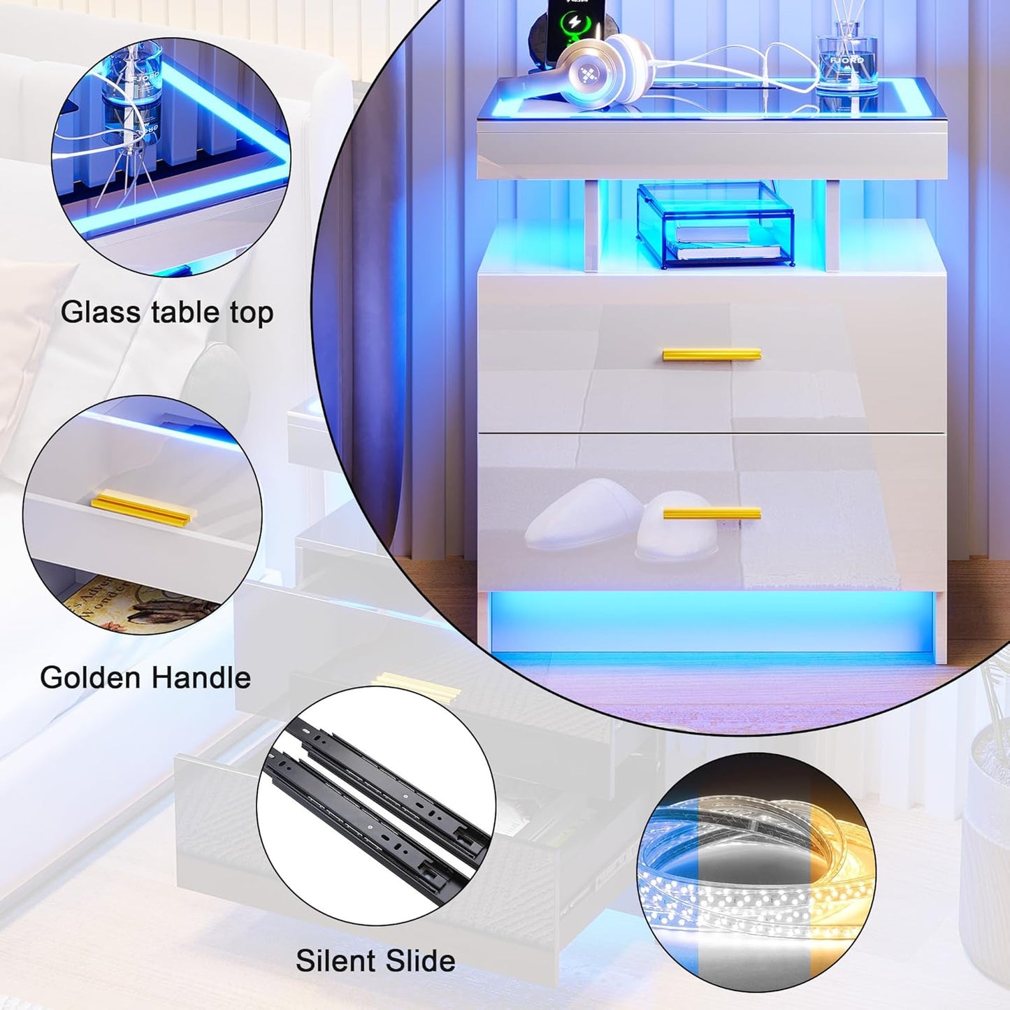 Auto LED Nightstand Set of 2, White Night Stand with Charging Station & USB Ports, High Gloss Bedside Table Has 2 Drawers,Modern End Side Table for Bedroom (White)